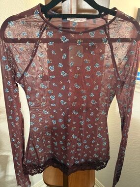 Free People intimately Sheer Burgundy Floral Mesh Long Sleeve Top -#014S
